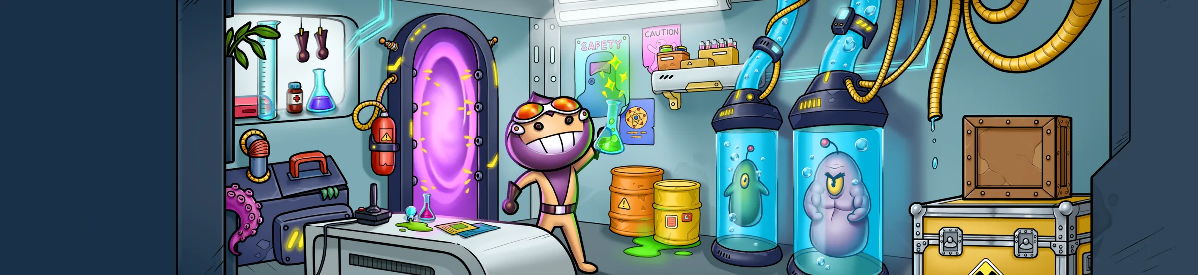Phaser’s mascot in the lab, holding up a glowing flask
